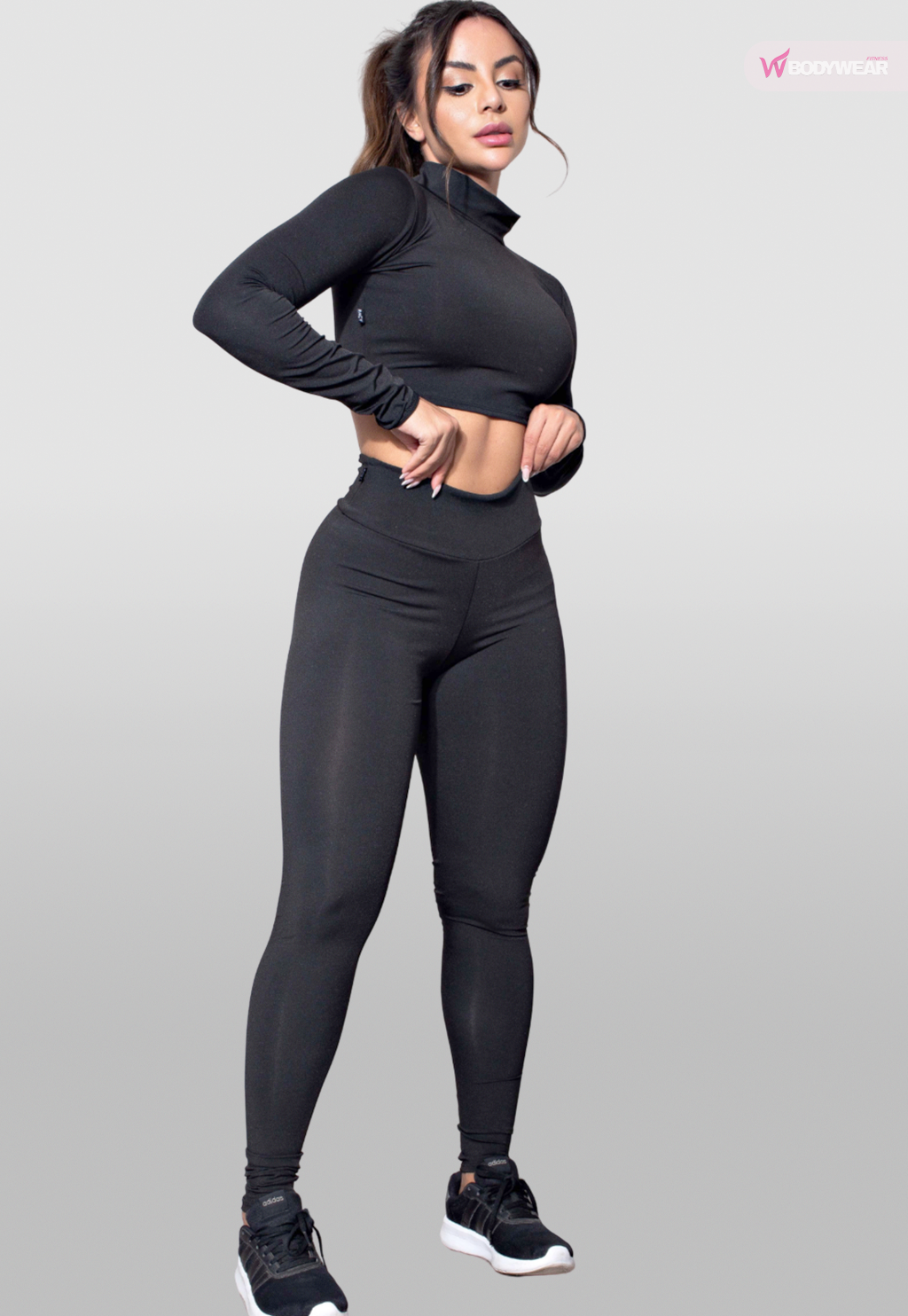 Fitness Cropped Manga Longa e Calça Legging Preto Conjunto Fitness